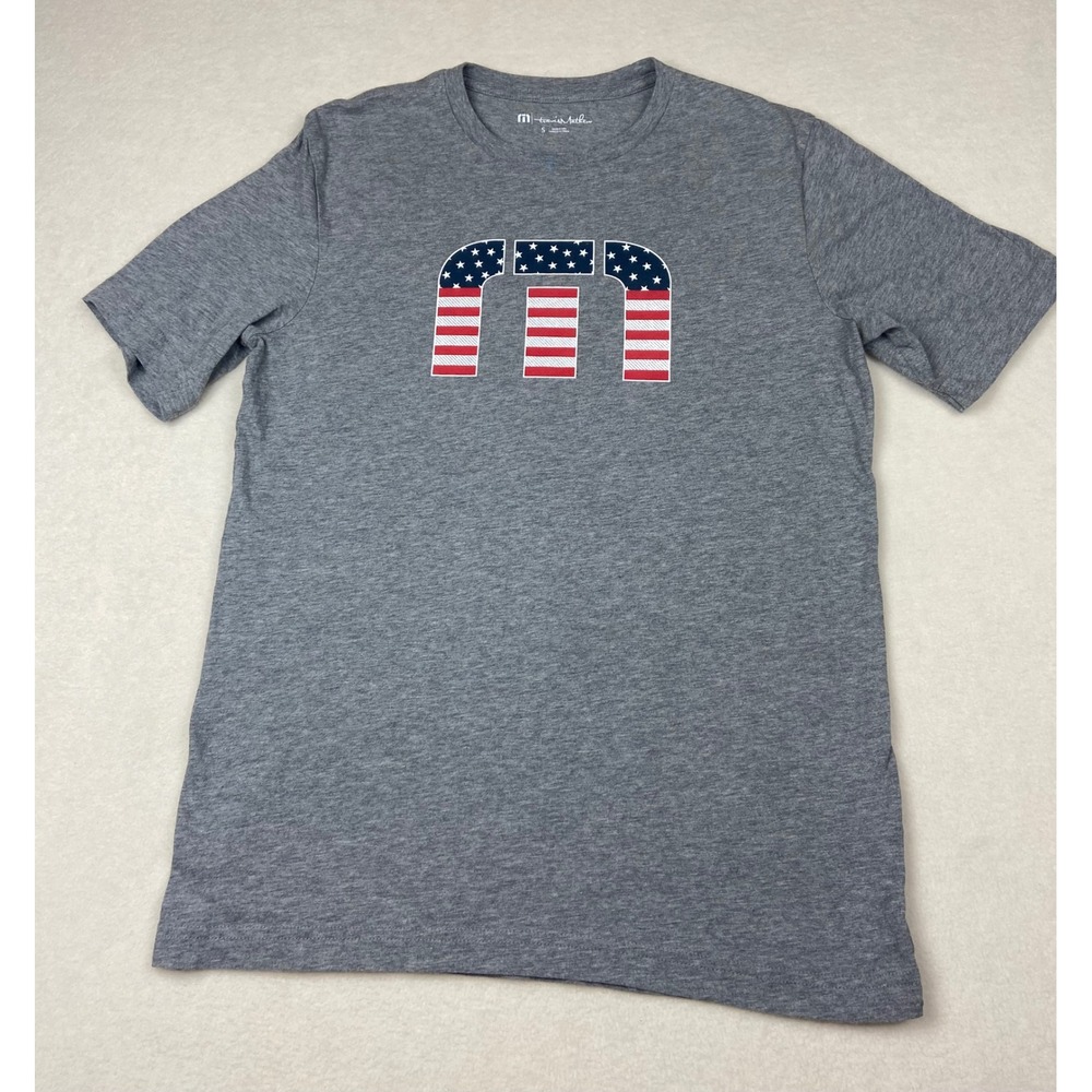 TravisMathew USA Flag Logo Mens‎ S Gray Patriotic Short Sleeve Graphic Tee
